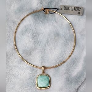 Aqua Turquoise Stone Pendant Goldtone Wire Necklace Robert Lee Morris NEW!